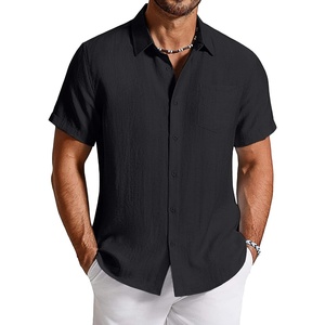 COOFANDY Linen Shirts for Men Short Sleeve Button Down Shirt Casual Beach Summer Vacation Shirt with Pocket(Black)