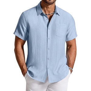 COOFANDY Linen Shirts for Men Short Sleeve Button Down Shirt Casual Beach Summer Vacation Shirt with Pocket(Light Blue)