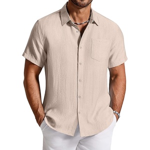 COOFANDY Linen Shirts for Men Short Sleeve Button Down Shirt Casual Beach Summer Vacation Shirt with Pocket(Light Khaki)