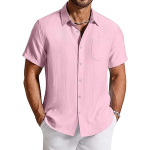 COOFANDY Linen Shirts for Men Short Sleeve Button Down Shirt Casual Beach Summer Vacation Shirt with Pocket(Pink)