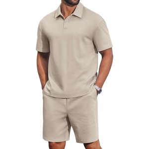 COOFANDY Men’s 2 Piece Outfits Casual Cotton Short Sleeve Polo Shirts and Shorts Sets Loose Fit Summer Athletic Track Suits(Khaki)