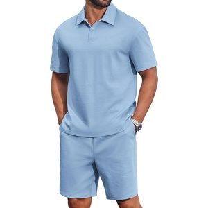 COOFANDY Men’s 2 Piece Outfits Casual Cotton Short Sleeve Polo Shirts and Shorts Sets Loose Fit Summer Athletic Track Suits(Light Blue)