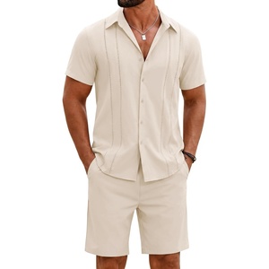 COOFANDY Men’s 2 Piece Outfits Cuban Guayabera Short Sleeve Shirts and Shorts Summer Beach Vacation Sets for Men(Beige)