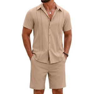 COOFANDY Men’s 2 Piece Outfits Cuban Guayabera Short Sleeve Shirts and Shorts Summer Beach Vacation Sets for Men(Khaki)