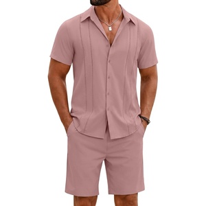 COOFANDY Men’s 2 Piece Outfits Cuban Guayabera Short Sleeve Shirts and Shorts Summer Beach Vacation Sets for Men(Pink)
