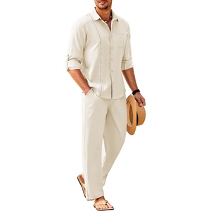 COOFANDY Mens 2 Piece Outfits Long Sleeve Button Down Cuban Shirt and Pants Set Summer Beach Sets(Beige)