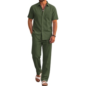 COOFANDY Men’s 2 Piece Sets Beach Outfits Cotton Short Sleeve Button Down Shirts Loose Pants Summer Vacation Casual Outfits(Army Green)