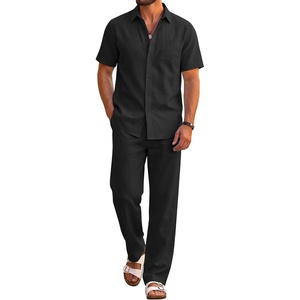 COOFANDY Men’s 2 Piece Sets Beach Outfits Cotton Short Sleeve Button Down Shirts Loose Pants Summer Vacation Casual Outfits(Black)