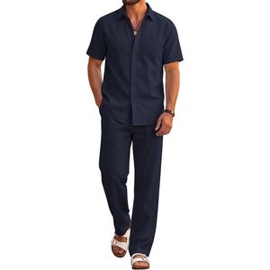 COOFANDY Men’s 2 Piece Sets Beach Outfits Cotton Short Sleeve Button Down Shirts Loose Pants Summer Vacation Casual Outfits(Blue Violet)