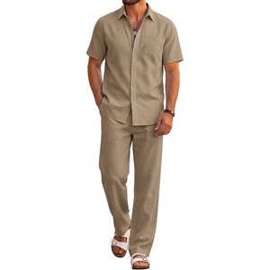 COOFANDY Men’s 2 Piece Sets Beach Outfits Cotton Short Sleeve Button Down Shirts Loose Pants Summer Vacation Casual Outfits(Khaki)
