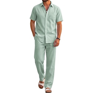 COOFANDY Men’s 2 Piece Sets Beach Outfits Cotton Short Sleeve Button Down Shirts Loose Pants Summer Vacation Casual Outfits(Light Green)
