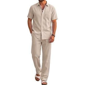 COOFANDY Men’s 2 Piece Sets Beach Outfits Cotton Short Sleeve Button Down Shirts Loose Pants Summer Vacation Casual Outfits(Moon Gray)