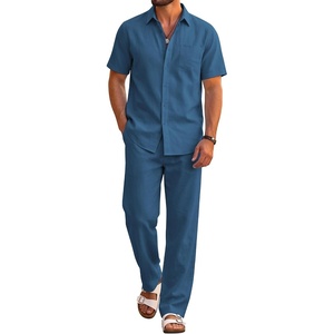 COOFANDY Men’s 2 Piece Sets Beach Outfits Cotton Short Sleeve Button Down Shirts Loose Pants Summer Vacation Casual Outfits(Navy)