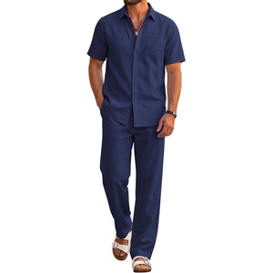 COOFANDY Men’s 2 Piece Sets Beach Outfits Cotton Short Sleeve Button Down Shirts Loose Pants Summer Vacation Casual Outfits(Navy Blue)