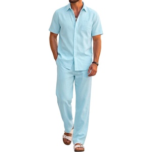 COOFANDY Men’s 2 Piece Sets Beach Outfits Cotton Short Sleeve Button Down Shirts Loose Pants Summer Vacation Casual Outfits(Sky Blue)