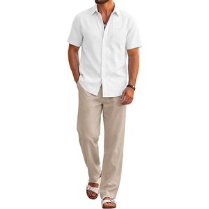 COOFANDY Men’s 2 Piece Sets Beach Outfits Cotton Short Sleeve Button Down Shirts Loose Pants Summer Vacation Casual Outfits(White Shirt/Moon Gray Pants)