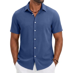 COOFANDY Mens Casual Button Down Shirt Short Sleeve Lightweight Summer Beach Shirts Textured Linen Shirt(Blue)