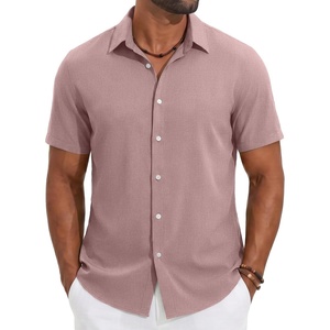 COOFANDY Mens Casual Button Down Shirt Short Sleeve Lightweight Summer Beach Shirts Textured Linen Shirt(Pink)