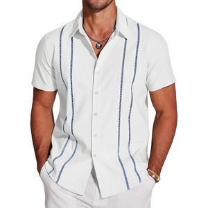 COOFANDY Men’s Cuban Guayabera Shirt Short Sleeve Button Down Shirts Casual Summer Beach Linen Shirts(White-blue Webbing)