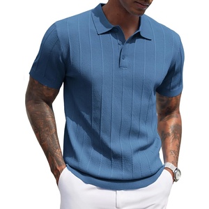 COOFANDY Mens Knit Polo Shirts Short Sleeve Ribbed Textured Polo Shirt Lightweight Casual Golf Shirts Collared T Shirt(Denim Blue)