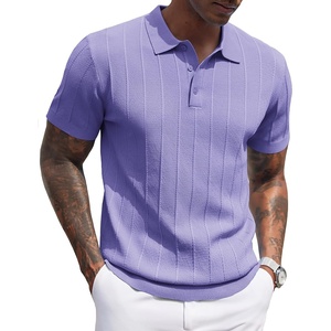 COOFANDY Mens Knit Polo Shirts Short Sleeve Ribbed Textured Polo Shirt Lightweight Casual Golf Shirts Collared T Shirt(Light Purple)