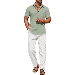 COOFANDY Men’s Linen Sets 2 Piece Beach Outfit Casual Short Sleeve Button Down Shirts Loose Pants Summer Vacation Outfits(Light Green Shirt/White Pants)