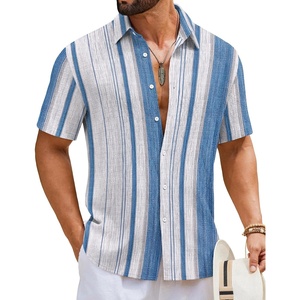 COOFANDY Mens Short Sleeve Casual Shirts Button Down Striped Summer Shirts Textured Vacation Beach Shirt(A White/Blue 02)