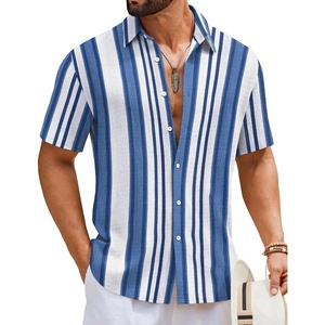 COOFANDY Mens Short Sleeve Casual Shirts Button Down Striped Summer Shirts Textured Vacation Beach Shirt(A White/Blue 03)