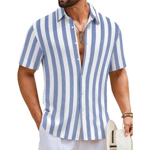 COOFANDY Mens Short Sleeve Casual Shirts Button Down Striped Summer Shirts Textured Vacation Beach Shirt(A White/Light Blue)