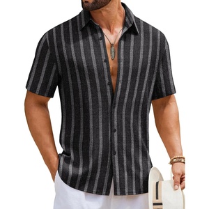 COOFANDY Mens Short Sleeve Casual Shirts Button Down Striped Summer Shirts Textured Vacation Beach Shirt(B Black/Dark Grey)