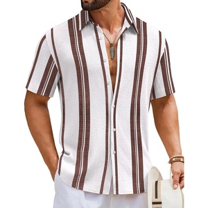 COOFANDY Mens Short Sleeve Casual Shirts Button Down Striped Summer Shirts Textured Vacation Beach Shirt(B White/Brown)
