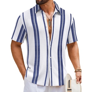 COOFANDY Mens Short Sleeve Casual Shirts Button Down Striped Summer Shirts Textured Vacation Beach Shirt(B White/Dark Blue)