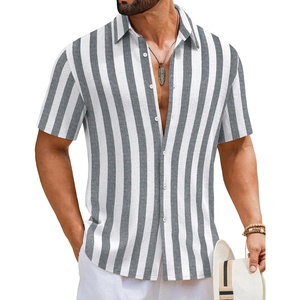 COOFANDY Mens Short Sleeve Casual Shirts Button Down Striped Summer Shirts Textured Vacation Beach Shirt(White/Dark Grey)