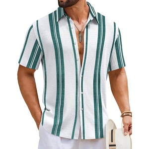 COOFANDY Mens Short Sleeve Casual Shirts Button Down Striped Summer Shirts Textured Vacation Beach Shirt(White/Green)