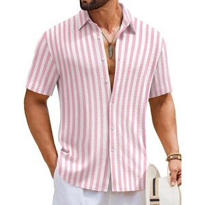 COOFANDY Mens Short Sleeve Casual Shirts Button Down Striped Summer Shirts Textured Vacation Beach Shirt(White/Pink)