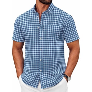 COOFANDY Men’s Short Sleeve Oxford Shirt Casual Button Down Shirts Summer Untucked Dress Shirt with Pocket(Blue Green Plaid)