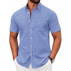 COOFANDY Men’s Short Sleeve Oxford Shirt Casual Button Down Shirts Summer Untucked Dress Shirt with Pocket(Blue Plaid)