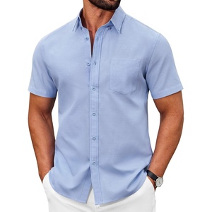 COOFANDY Men’s Short Sleeve Oxford Shirt Casual Button Down Shirts Summer Untucked Dress Shirt with Pocket(Light Blue)