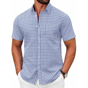 COOFANDY Men’s Short Sleeve Oxford Shirt Casual Button Down Shirts Summer Untucked Dress Shirt with Pocket(Light Blue Plaid)