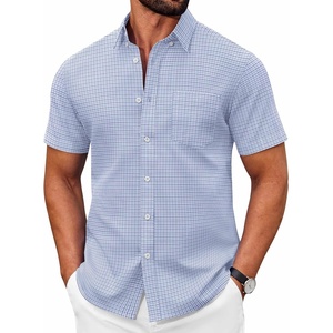 COOFANDY Men’s Short Sleeve Oxford Shirt Casual Button Down Shirts Summer Untucked Dress Shirt with Pocket(Light Grey Plaid)