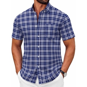 COOFANDY Men’s Short Sleeve Oxford Shirt Casual Button Down Shirts Summer Untucked Dress Shirt with Pocket(Navy Blue Plaid)