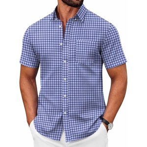 COOFANDY Men’s Short Sleeve Oxford Shirt Casual Button Down Shirts Summer Untucked Dress Shirt with Pocket(Navy Blue White Plaid)