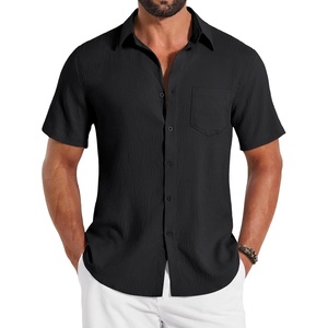 COOFANDY Shirts for Mens Button Down Short Sleeve Shirts Casual Summer Beach Textured Shirts with Pocket(Black)