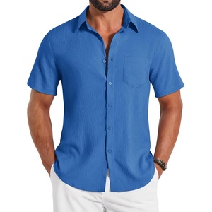 COOFANDY Shirts for Mens Button Down Short Sleeve Shirts Casual Summer Beach Textured Shirts with Pocket(Blue)