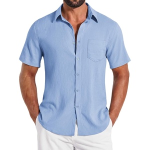 COOFANDY Shirts for Mens Button Down Short Sleeve Shirts Casual Summer Beach Textured Shirts with Pocket(Light Blue)