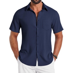 COOFANDY Shirts for Mens Button Down Short Sleeve Shirts Casual Summer Beach Textured Shirts with Pocket(Navy Blue)