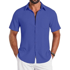COOFANDY Shirts for Mens Button Down Short Sleeve Shirts Casual Summer Beach Textured Shirts with Pocket(Royal Blue)