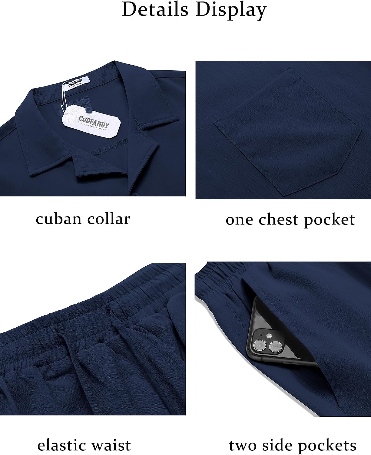image:imageCOOFANDY Mens 2 Pieces Casual Beach Outfits Short Sleeve Button Down Shirts Summer Short SetNavy Blue