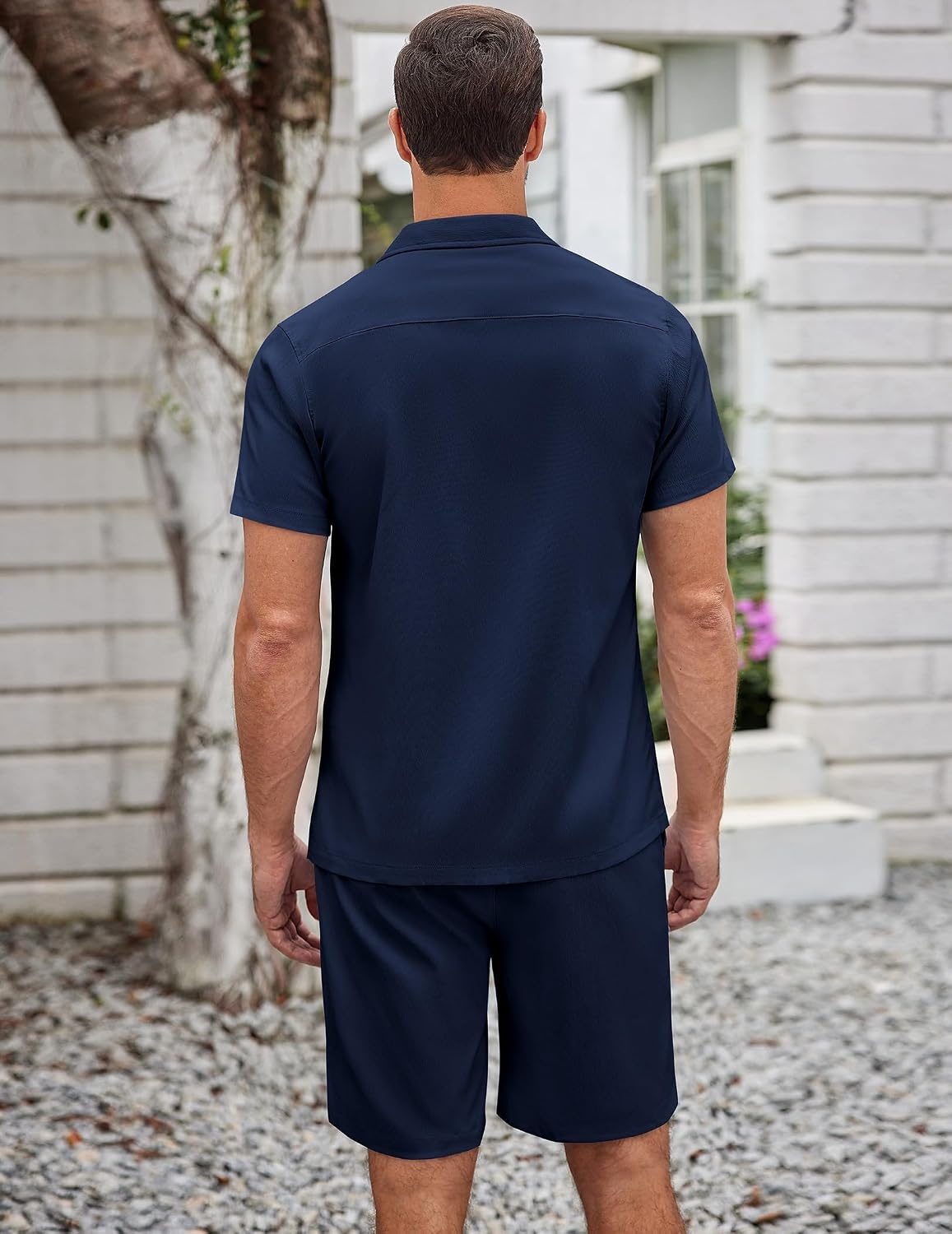 image:imageCOOFANDY Mens 2 Pieces Casual Beach Outfits Short Sleeve Button Down Shirts Summer Short SetNavy Blue