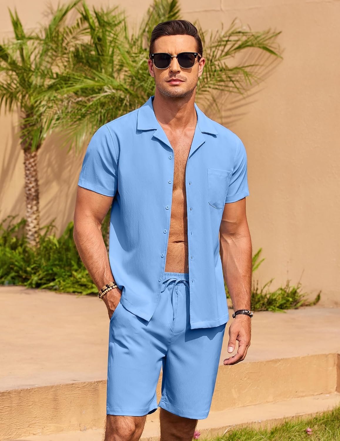 image:imageCOOFANDY Mens 2 Pieces Casual Beach Outfits Short Sleeve Button Down Shirts Summer Short SetStrong Blue